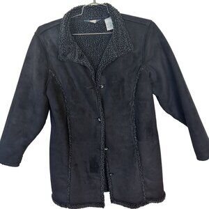 L.L. Bean Vtg Womens Black Lined Coat Jacket Faux Suede Large Petite Button Up